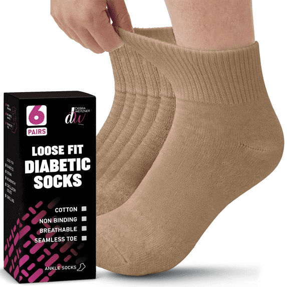 Debra Weitzner Men’s and Women’s Diabetic Ankle Socks, Non-Binding Loose Fit, Beige, 6 Pairs