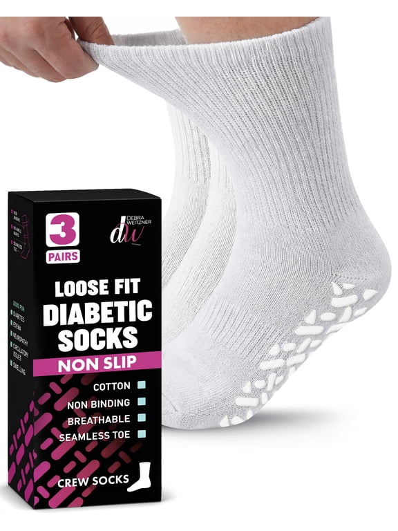 Men’s and Women’s Diabetic Crew Socks, Non-Binding Loose Fit Non-Slip Design, Size 10-13, White, 3 Pairs