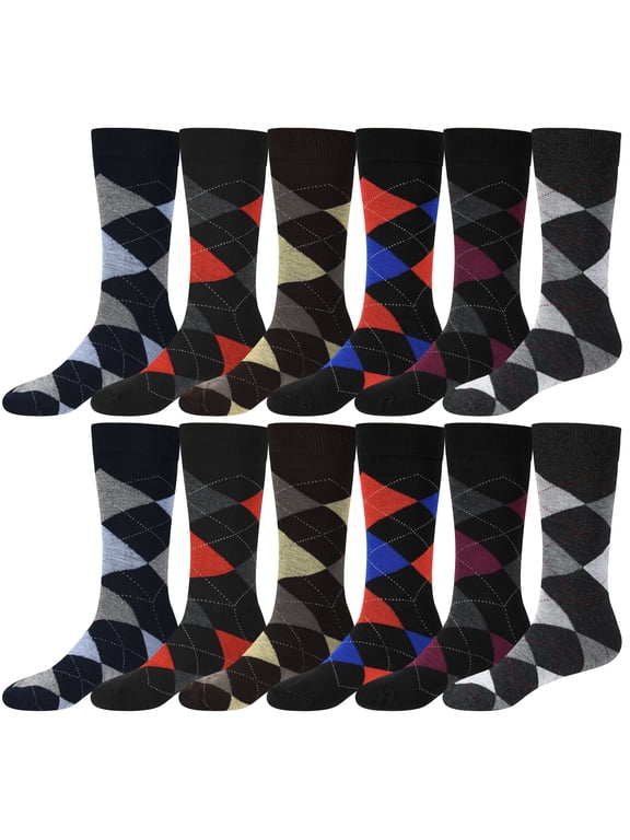 Mens Dress Socks Colorful Argyle Socks 12 Pairs Cotton Patterned Fun Sock - Dark Argyle
