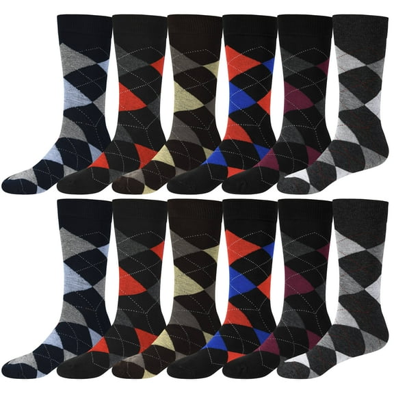 Debra Weitzner Mens Dress Socks Colorful Argyle Socks 12 Pairs Cotton Patterned Fun Sock - Dark Argyle