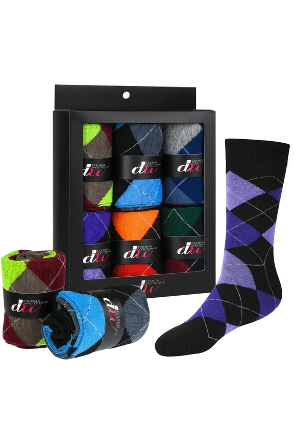 Mens Dress Socks Cotton Patterned 6 Pairs With Gift Box Bright Argyle Size 10-13