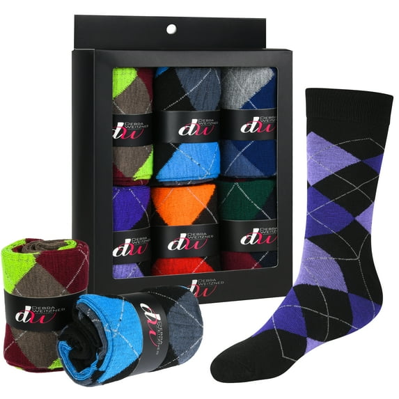 Debra Weitzner Mens Dress Socks with Gift Box - Cotton Patterned Crew Socks for Men 6 Pairs Bright Argyle Size 13-15