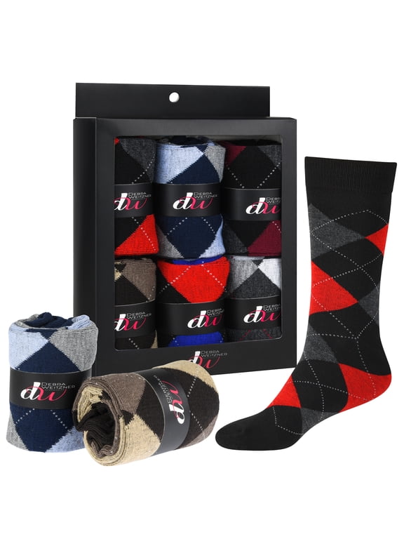 Mens Dress Socks with Gift Box - Cotton Patterned Crew Socks for Men 6 Pairs Dark Argyle Size 10-13