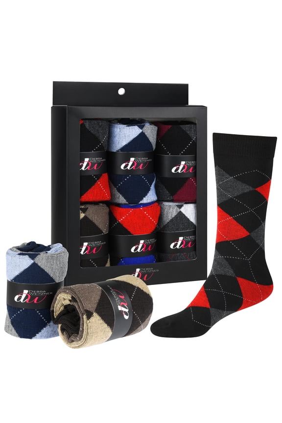 Mens Dress Socks with Gift Box - Cotton Patterned Crew Socks for Men 6 Pairs Dark Argyle Size 13-15