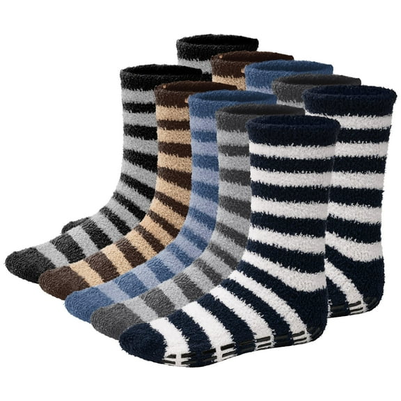 Debra Weitzner Mens Fuzzy Socks Grip Socks Microfiber Plush Sleeping Socks Soft Anti-Skid, Stripes Design 6-Pair