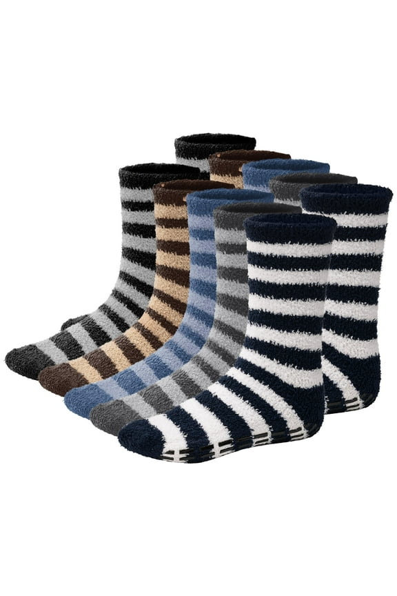 Mens Fuzzy Socks Grip Socks Microfiber Plush Sleeping Socks Soft Anti-Skid, Stripes Design 6-Pair