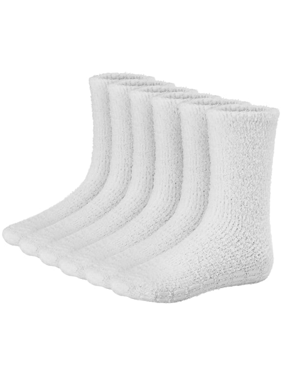 Mens Fuzzy Socks Grip Socks Microfiber Plush Sleeping Socks Soft Anti-Skid, White 6-Pair