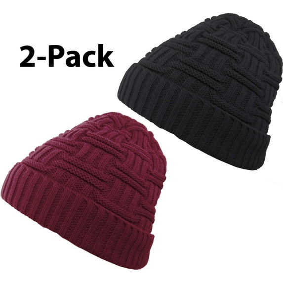 Debra Weitzner Mens Slouchy beanie knit winter hat Warm Wool Faux-Fur Skull Cap 2-pack Black & Burgundy