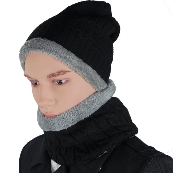 Debra Weitzner Mens Slouchy beanie knit winter hat neck warmer scarf set Black