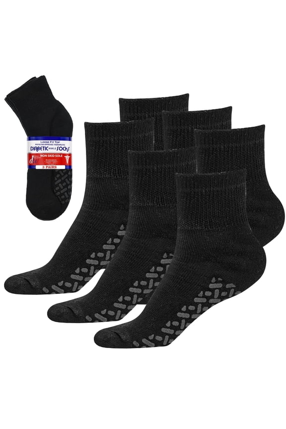 Non-Binding Loose Fit Sock - Non-Slip Diabetic Socks for Men and Women - Ankle 3-Pack Black Size 10-13