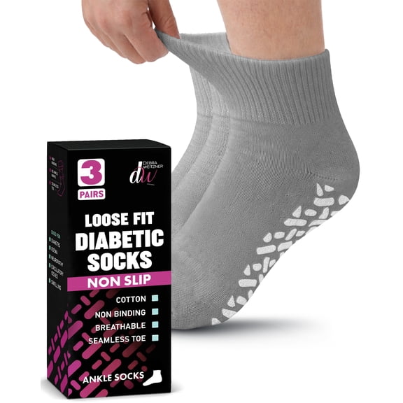 Debra Weitzner Non-Binding Loose Fit Sock - Non-Slip Diabetic Socks for Men and Women - Ankle 3-Pack Grey Size 13-15