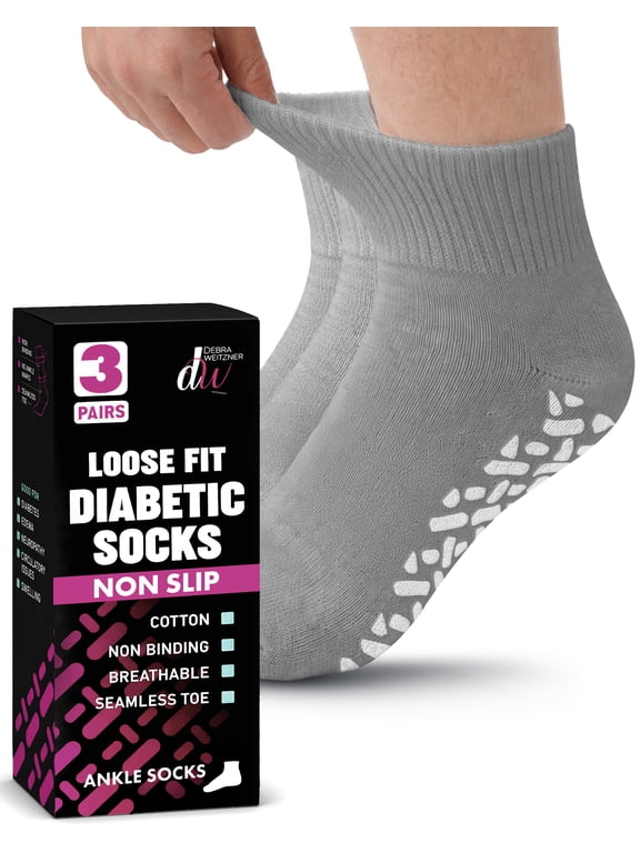 Non-Binding Loose Fit Sock - Non-Slip Diabetic Socks for Men and Women - Ankle 3-Pack Grey Size 13-15