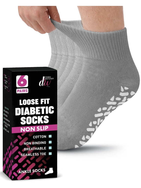Non-Binding Loose Fit Sock - Non-Slip Diabetic Socks for Men and Women - Ankle 6 Pack Grey Size 9-11