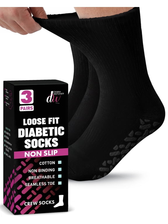 Non-Binding Loose Fit Sock - Non-Slip Diabetic Socks for Men and Women - Crew 3-Pack Black Size 10-13