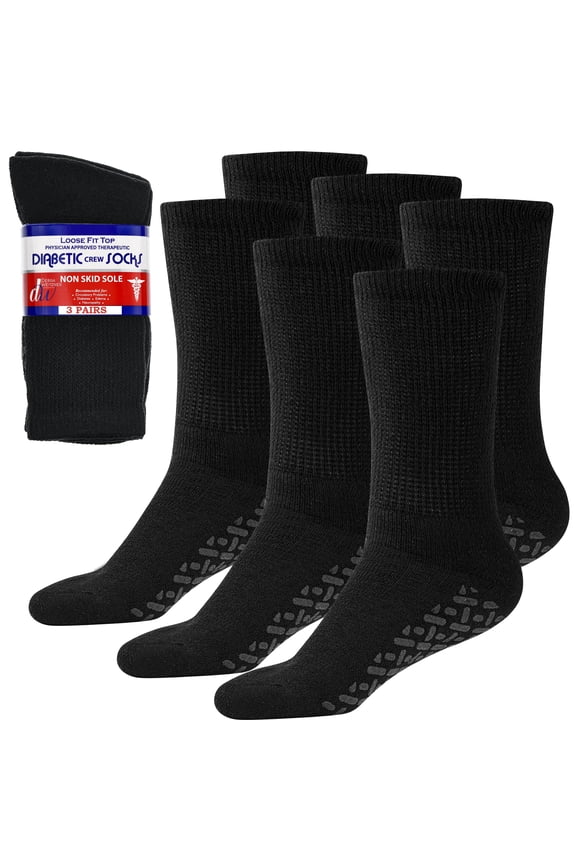 Non-Binding Loose Fit Sock - Non-Slip Diabetic Socks for Men and Women - Crew 3-Pack Black Size 10-13