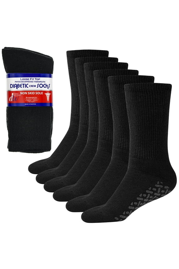 Non-Binding Loose Fit Sock - Non-Slip Diabetic Socks for Men and Women - Crew 6-Pack Black Size 10-13