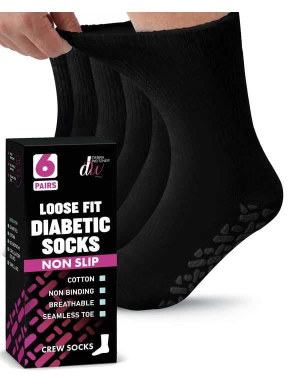 Non-Binding Loose Fit Sock - Non-Slip Diabetic Socks for Men and Women - Crew 6 Pack Black Size 9-11