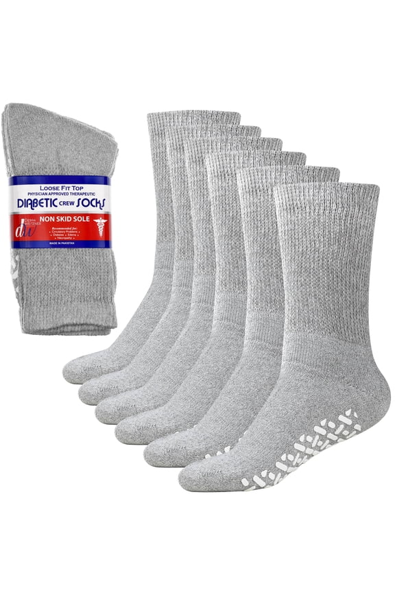 Non-Binding Loose Fit Sock - Non-Slip Diabetic Socks for Men and Women - Crew 6-Pack Grey Size 13-15