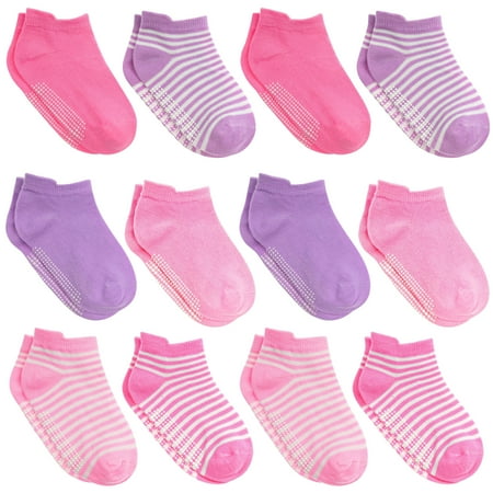 Debra Weitzner Non Slip Ankle Socks With Grips for Toddlers 12 to 36 Months Old, Girls Solid & Striped 12 Pairs