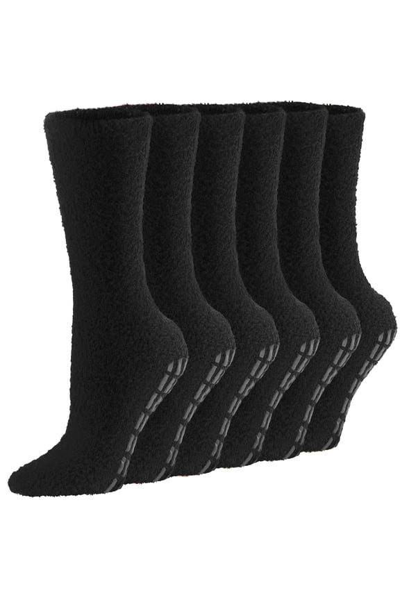 Non-Slip Fuzzy Warm Winter Socks for Women, 6 Pairs Black