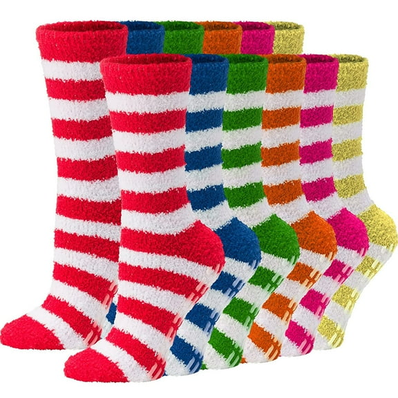 Debra Weitzner Non-Slip Fuzzy Socks Warm Winter Socks for Women, 6 Pairs Striped