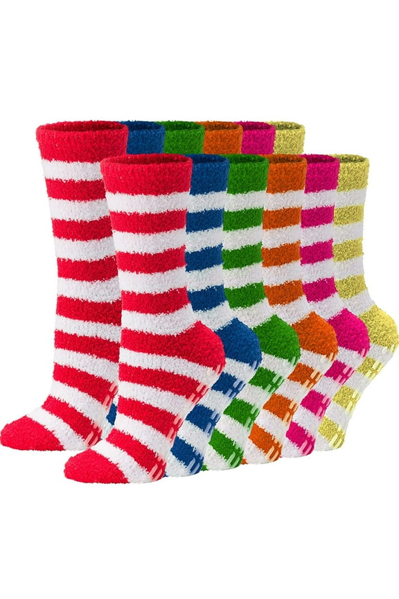 Non-Slip Fuzzy Socks Warm Winter Socks for Women, 6 Pairs Striped