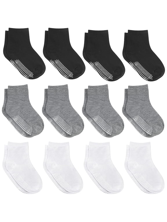Non-Slip Toddler Socks With Grips for Baby Boys and Girls - Anti-Slip Crew Socks for Infant's and Kids, 12 Pairs