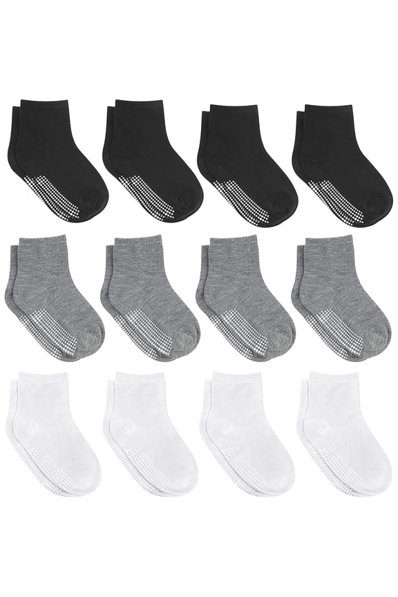 Non-Slip Toddler Socks With Grips for Baby Boys and Girls - Anti-Slip Crew Socks for Infant's and Kids, 12 Pairs
