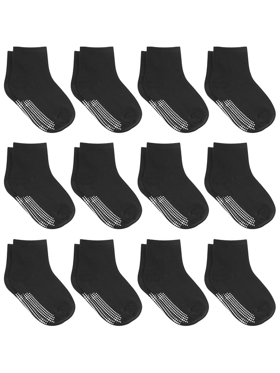 Non-Slip Toddler Socks With Grips for Baby Boys and Girls - Anti-Slip Crew Socks for Infant's and Kids, 12 Pairs