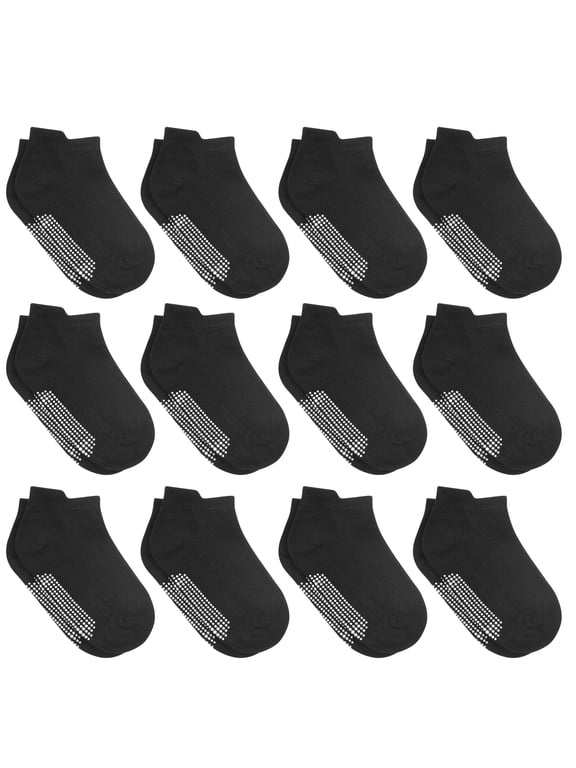 Non Slip Ankle Socks With Grips for Toddlers 3 to 5 Years Old, Black 12 Pairs
