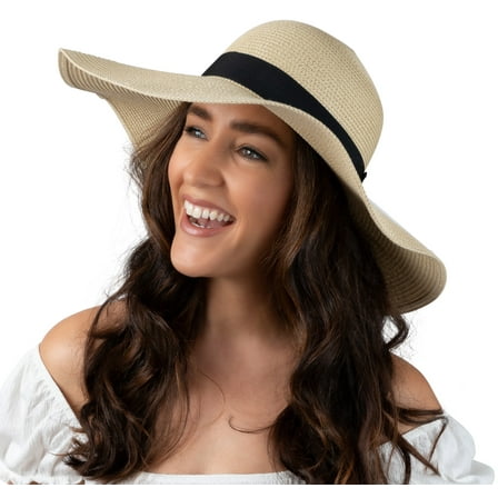 Debra Weitzner Women Floppy Sun Hat with Wide Brim—Foldable Roll-Up Straw Beach Hat UPF 50, Large Beige