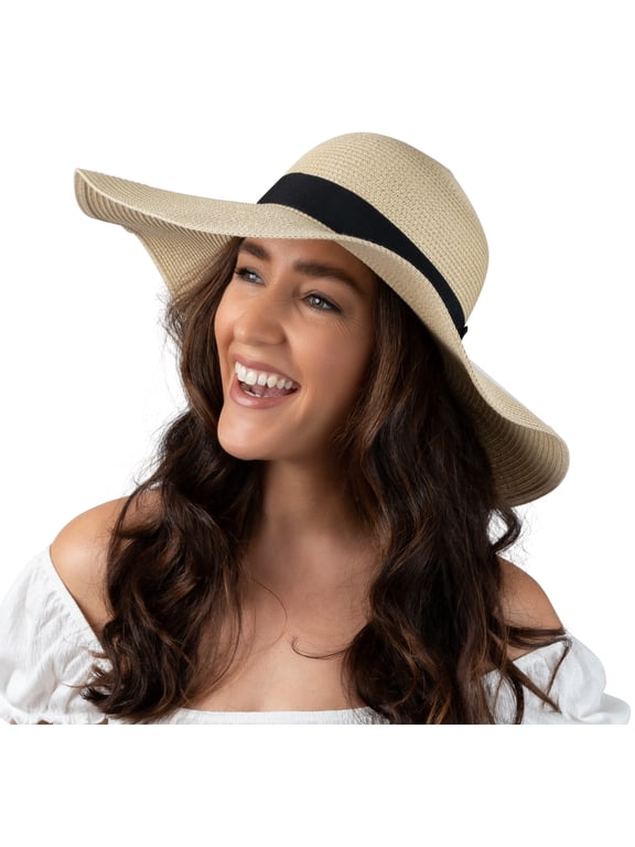 Women Floppy Sun Hat with Wide Brim—Foldable Roll-Up Straw Beach Hat UPF 50, Large Beige