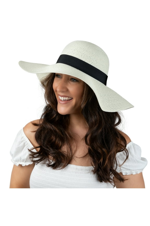 Women Floppy Sun Hat with Wide Brim—Foldable Roll-Up Straw Beach Hat UPF 50, Large Ivory