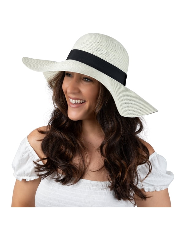 Women Floppy Sun Hat with Wide Brim—Foldable Roll-Up Straw Beach Hat UPF 50, Large Ivory