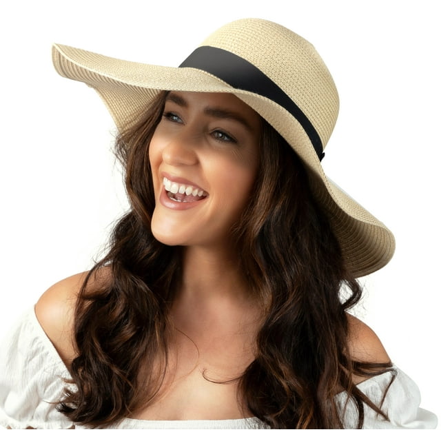 Debra Weitzner Women Floppy Sun Hat with Wide Brim—Foldable Roll-Up Straw Beach Hat UPF 50, Medium Beige