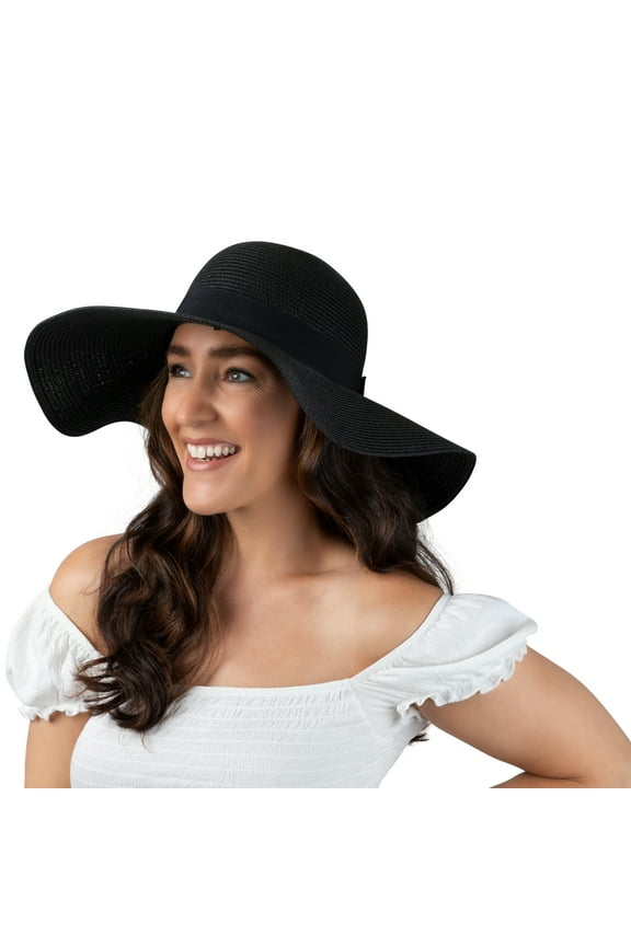 Women Floppy Sun Hat with Wide Brim-Foldable Roll-Up Straw Beach Hat UPF 50, Medium Black