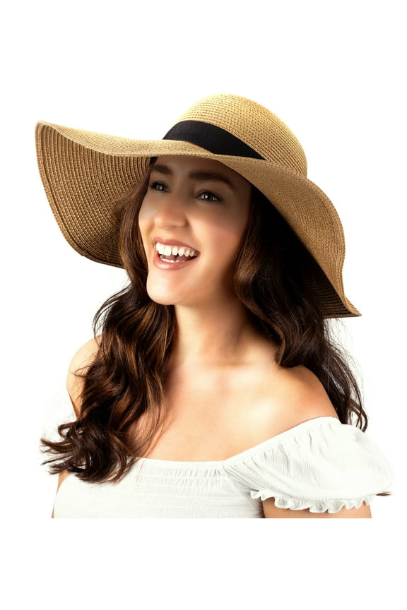 Women Floppy Sun Hat with Wide Brim—Foldable Roll-Up Straw Beach Hat UPF 50, Medium Khaki