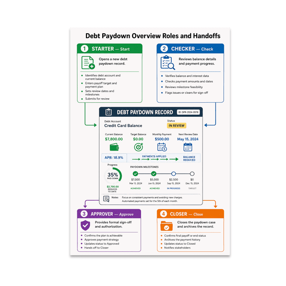 Debt Paydown Overview Roles and Handoffs Workflow Poster, Financial Literacy, Household Planning, and Educational Spaces, 13x19 Glossy Paper