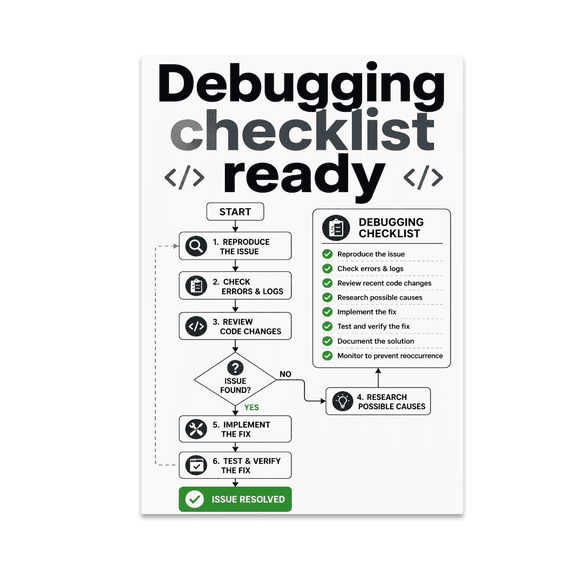 Debugging Checklist Ready Flowchart Style Poster - Coding Enthusiast - 13x19 Poster Print