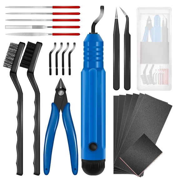 Deburring Tool 3D Printing with 4 Blades for Resin PLA, Plastic, Metal | 3D Printer Deburring Tool Includes Flush Cutter, Sanding Sponge, Sand Paper, Tweezers, Cleaning Brushes & Diamond Files