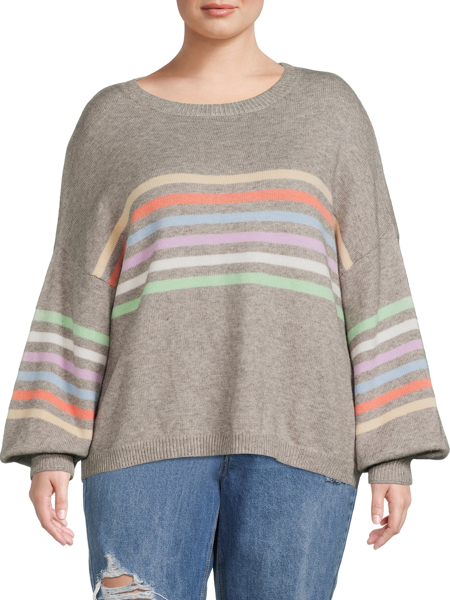 Plus Size Rainbow Striped Pullover Sweaters