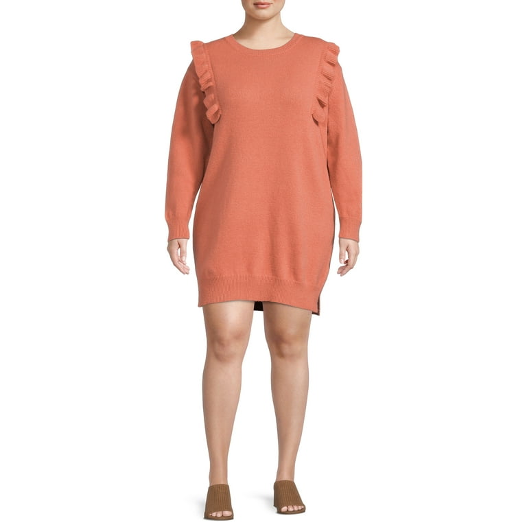 Debut Women s Plus Size Ruffle Shoulder Sweater Dress Walmart