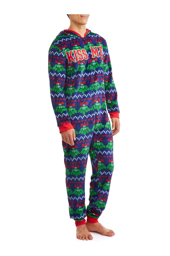 Dec 25th Men's Mistletoe Kiss Me Ugly Christmas Sweater Fleece Drop Seat Union Suit, Large
