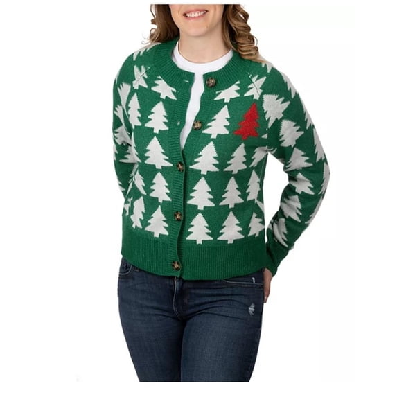 Dec. 25th Women's Holiday Knit Button-Down Cardigan Sweater (Green, XL)