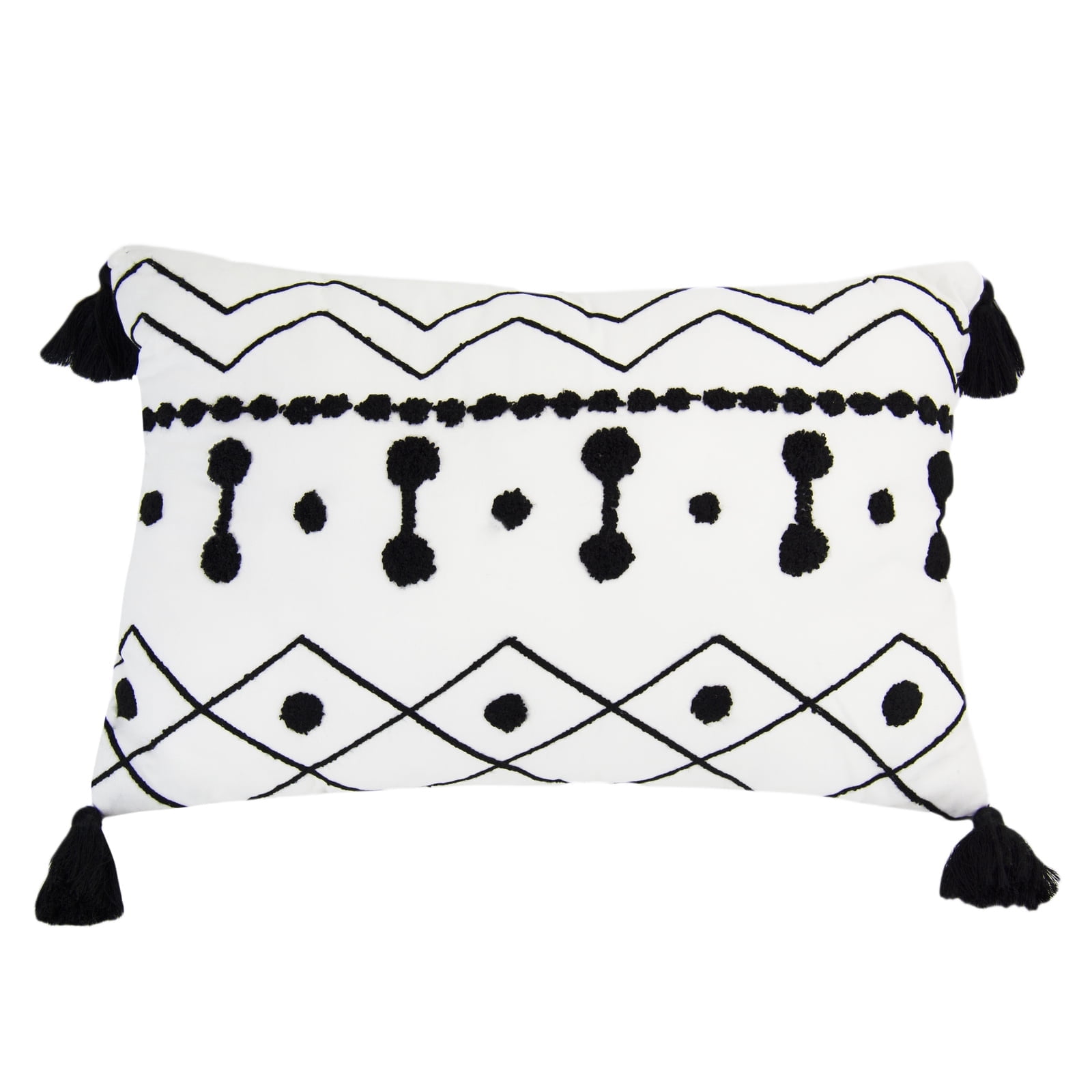 Cameron Black and White Cotton Rectangular Pillow with Tassels