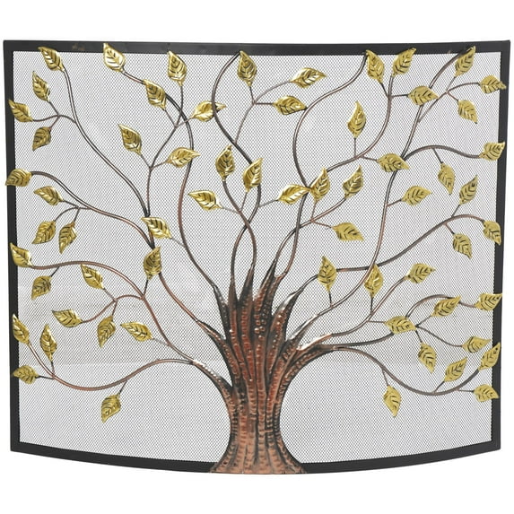 Dec Mode Farmhouse Metal Fireplace Screen with Brown and Green Tree Detail, 39"W x 33"H, Black Frame