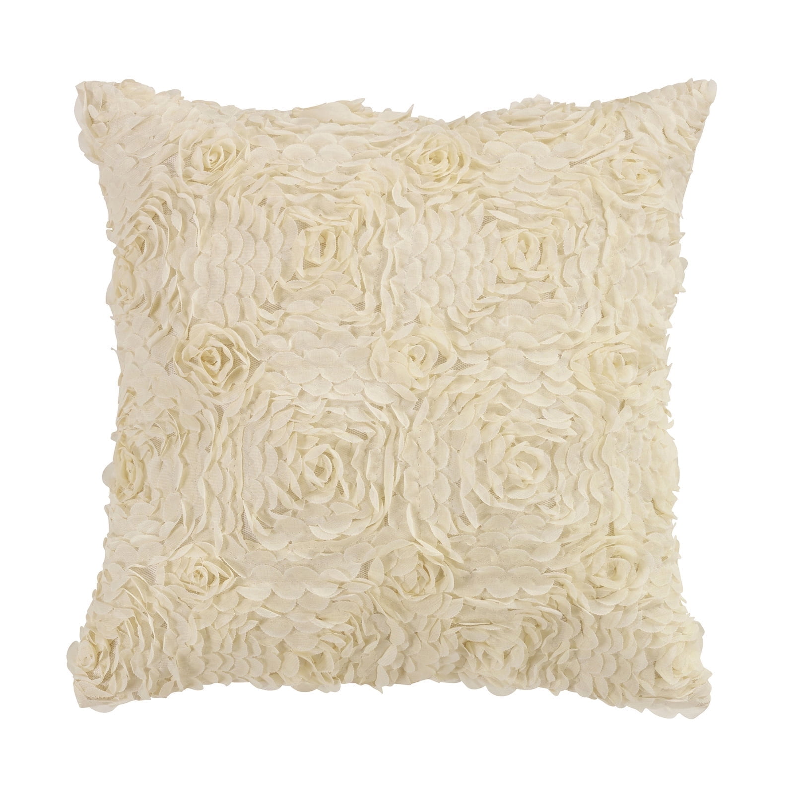 Cream Ruffled Polyester Square Throw Pillow