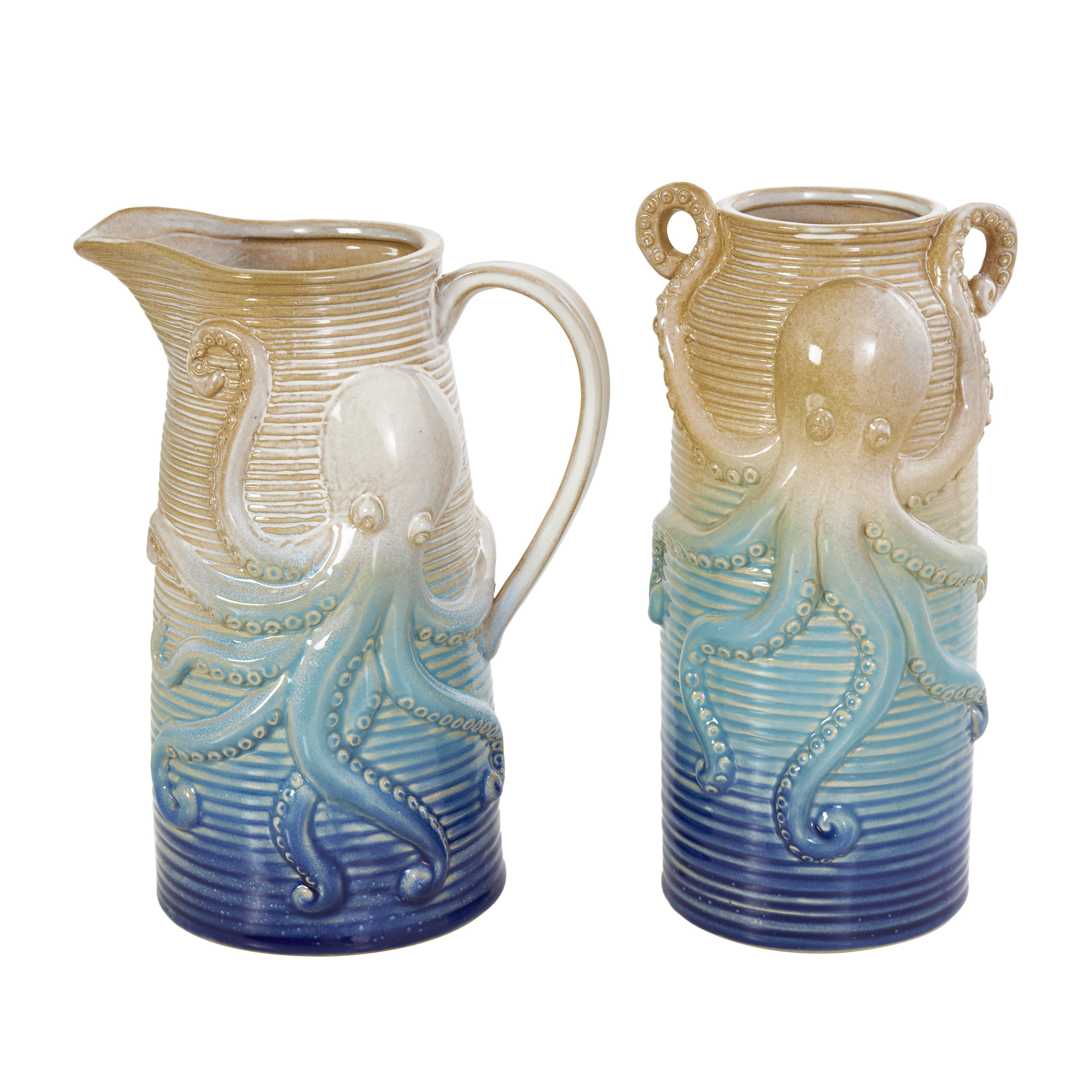 DecMode 10", 10"H Octopus Dimensional Ribbed Ombre Blue Ceramic Vase, Set of 2