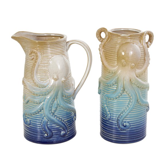 DecMode 10", 10"H Octopus Dimensional Ribbed Ombre Blue Ceramic Vase, Set of 2