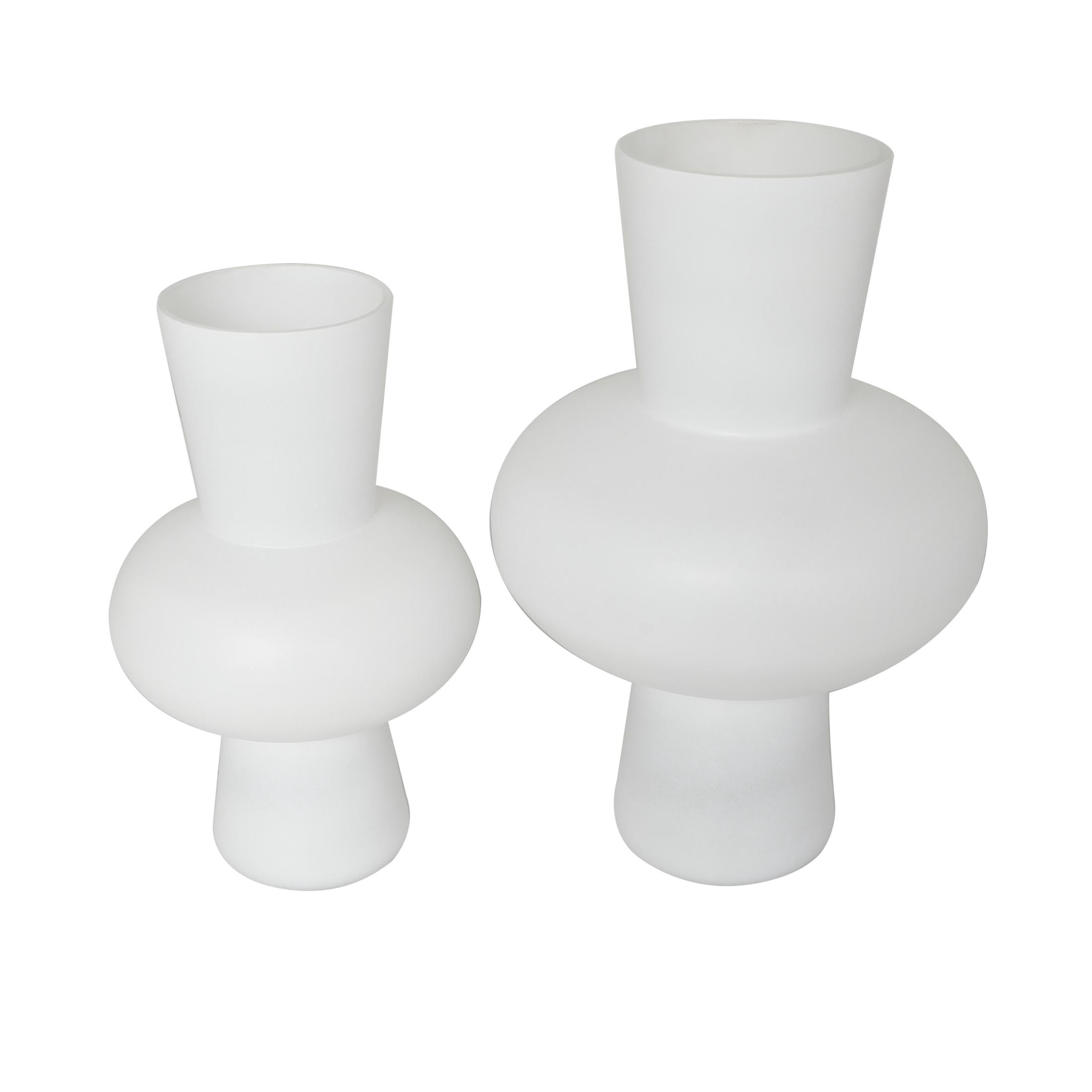 DecMode 10", 10"H Trumpet White Glass Vase with Wide Rounded Center, Set of 2
